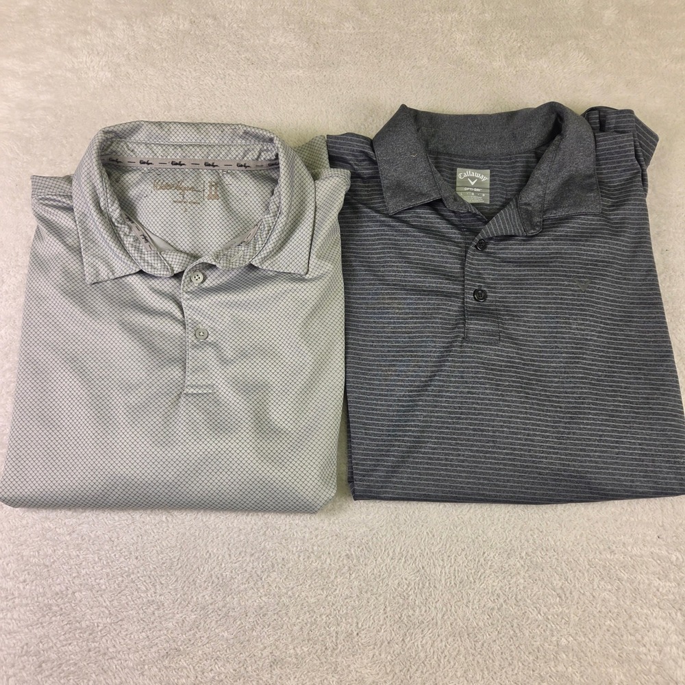 Lot of 2 Callaway & Walter Hagen Mens L Golf Polos Grey Striped Grid Opti-Dri